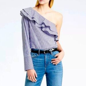 Banana Republic Striped One-Shoulder Ruffle Top - Blue/White